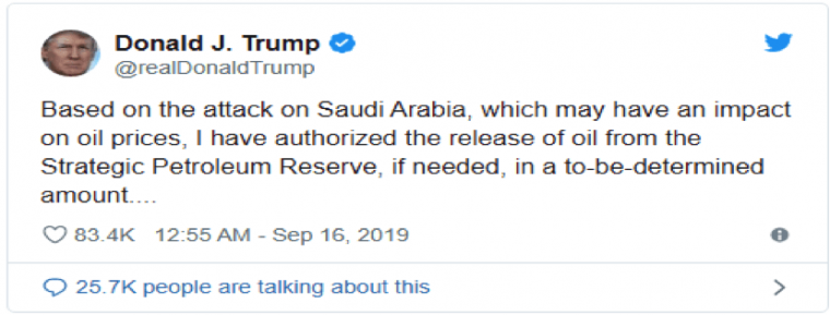 donald trump tweet based on attack on Saudi Arabia